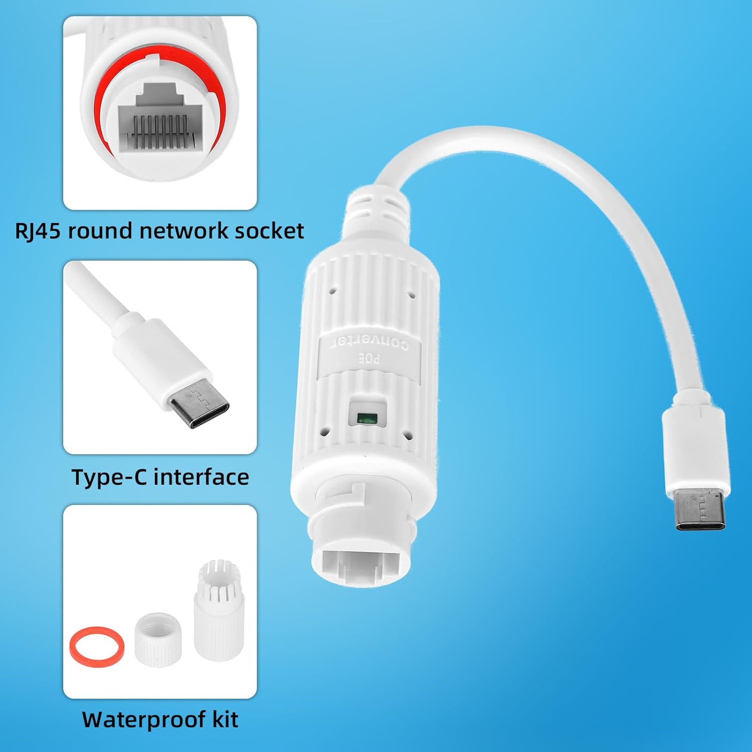 Outdoor Power Monitor - POE naar USB-C stroomconverter, waterdichte buitenadapter,